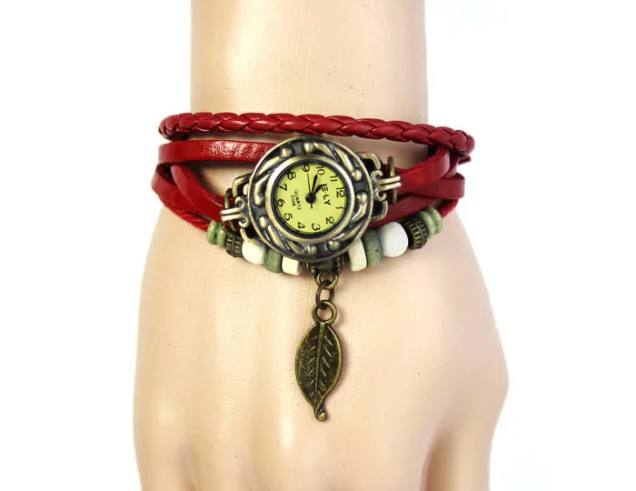 1 шт., женские винтажные наручные часы с плетением браслета, кварцевые наручные часы с кожаными бусинами и листьями,, женская одежда, женские часы, подарки Q