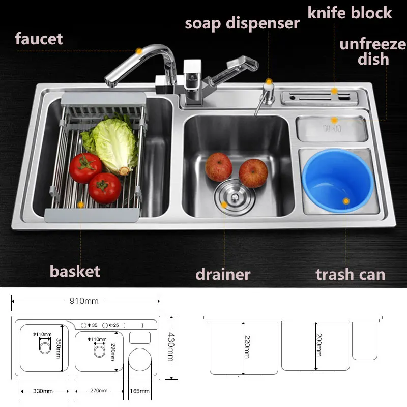 Кухонная раковина многофункциональная Двойная чаша с мусорным баком над столешницей или udermount мойка для мытья овощей 1,2 кухонная раковина