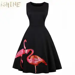 ISHINE 2017 ретро платья черная вышивка Фламинго вечерние Вечеринка винтажное платье без рукавов молния Vestidos элегантное платье плюс размер