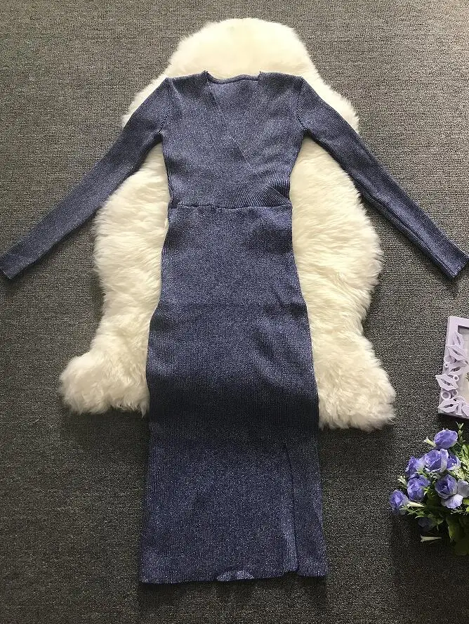 

Autumn Winter Women Shinner Knitted Maxi Dress V Neck Split Long Sleeve Elegant Woman Fashion Solid Long Dresses