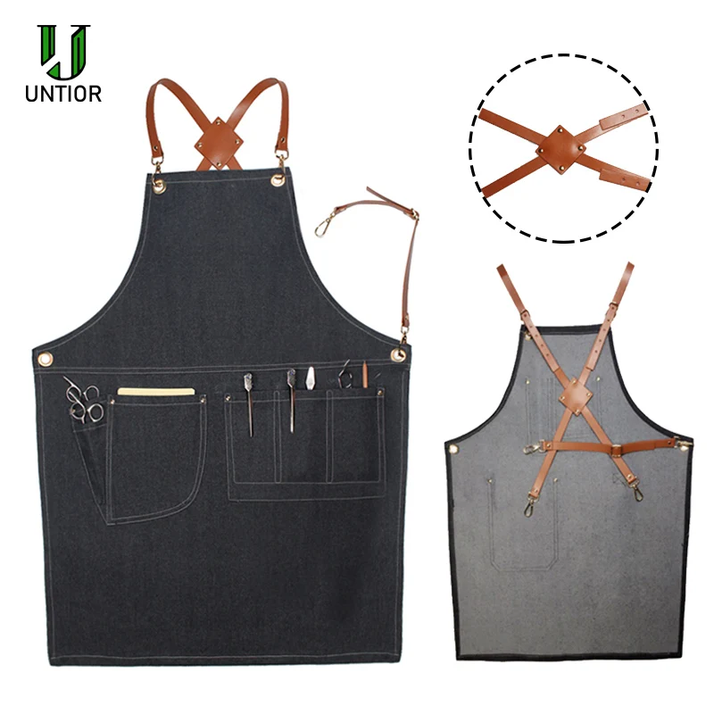 

UNTIOR Denim Apron Fashion Cooking Apron for Kitchen Apron For Woman Men Chef Waiter Cafe Shop BBQ Hairdresser tools denim Apron