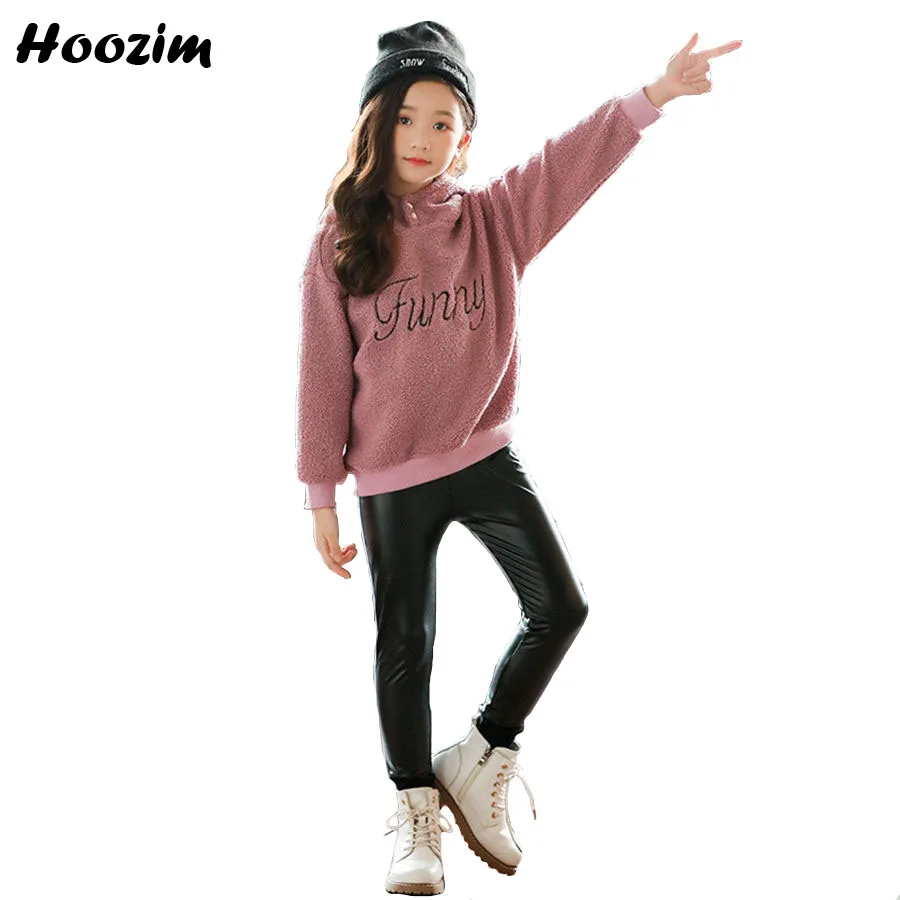 

Winter Teenage Girls Clothing Set 10 11 12 Years Fashion Hoodies Sweatshirts+Velvet Leather Pants Children Autumn Suit For Girls