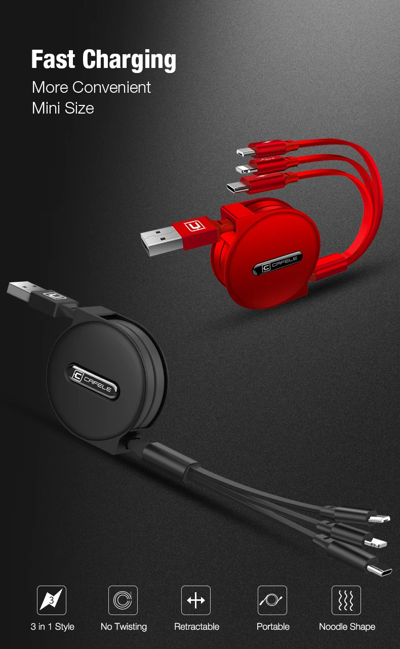 Cafele 3 в 1 Выдвижной USB кабель для iPhone Micro usb type C плоский кабель Быстрая зарядка для iPhone кабель+ Micro USB+ type-C