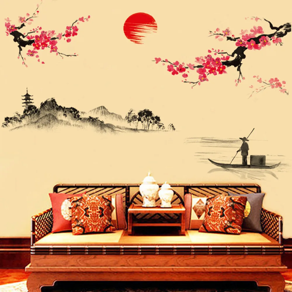 

2017 HOT New Style Creative Classical Chinese Style Ink Painting Decor Wall Sticker Peach blossom flowers Romantic pegatinas#XTT
