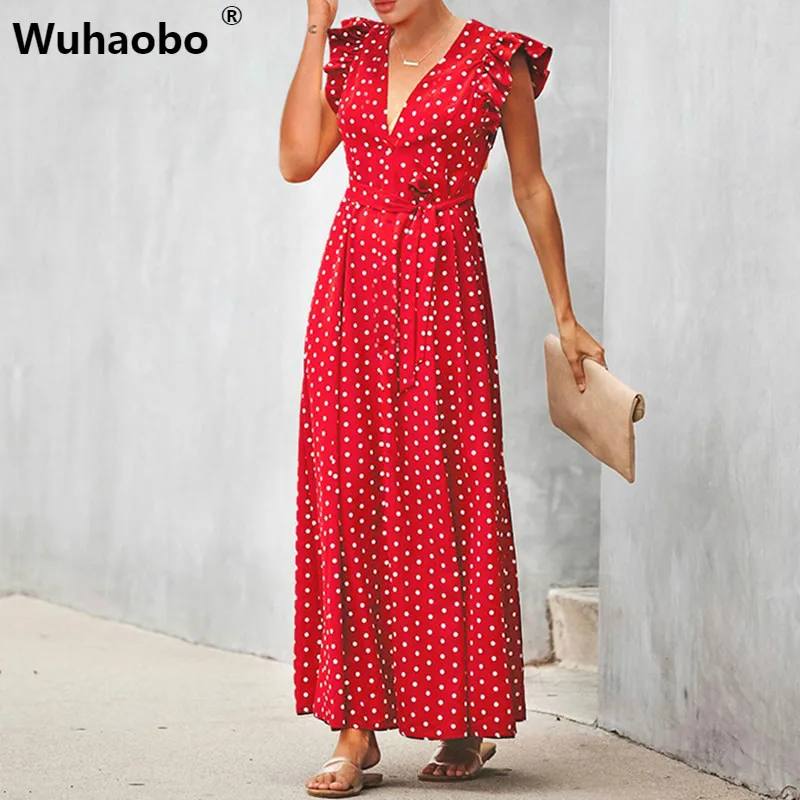 

Wuhaobo Sexy boho Sleeveless Vest Maxi Dress Vest Dot Party Dress Yellow V Neck Women Summer Casual Dresses Female Sundress