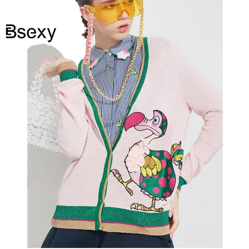 Runway Lolita Animal Embroidery Cardigan Women 2019 Spring Lurex Pink Knitted Sweater Coat Loose Ostrich V neck Cardigans Top |