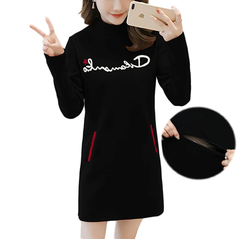 Maternity Long Sleeve Nursing Dress Plus Size Breastfeeding Clothes for Pregnant Women Lace Patchwork Casual Cotton Dresses New