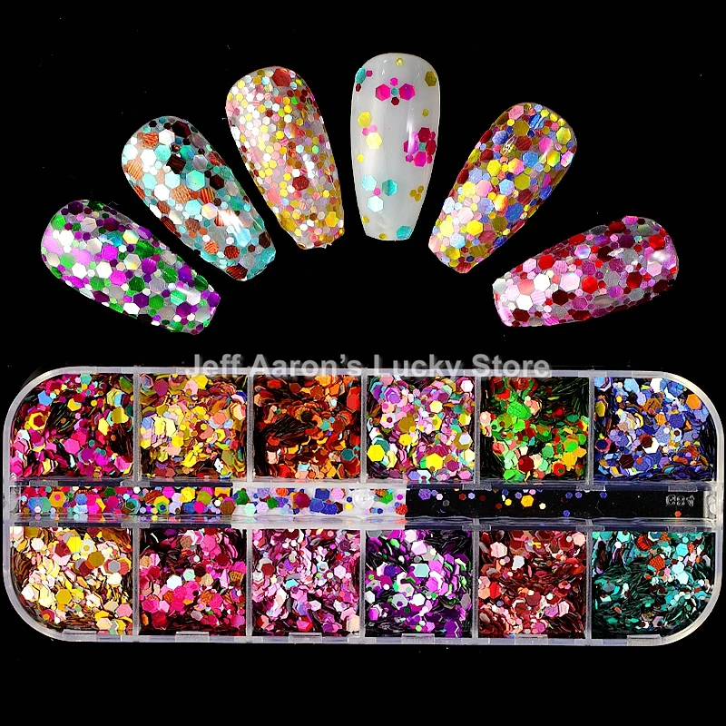 

12 Colors Mixed Sizes Hexagon Acrylic Nail Art Glitter Sequins Decals Set For Fake Nails Tips Decoration Beauty Manicure Tools
