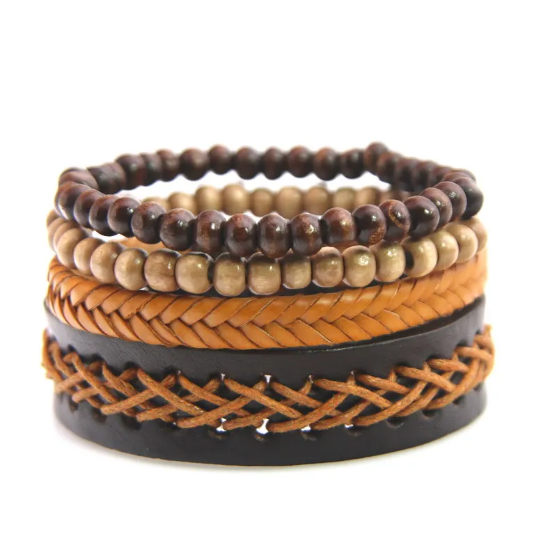 4 PCS/Set Vintage Punk Weave Alloy Charm Men Leather Bracelets For Women Homme Female Jewelry Multilayer Bracelet | Украшения и