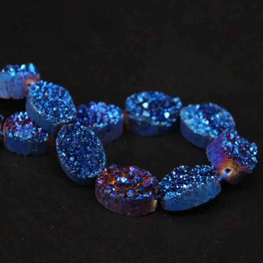 Approx11PCS/strand Blue Titanium Natural Quartz Geode Drusy Oval Slab Nugget Beads,Raw Roug Agates Crystal Druzy Slice Pendants