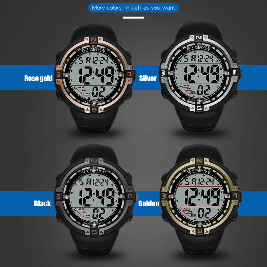 SYNOKE для мужчин цифровые часы Многофункциональный Спорт на открытом воздухе водонепроницаемый бег секунд большой циферблат электронные светящиеся мужские часы