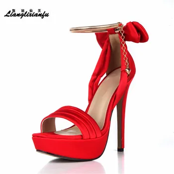 

LLXF Cute Bowtie stilettos Narrow Band RED Sandals 14cm Thin Heels platforms Shoes woman Open Toe Gold Buckle Pumps Plus:35-40