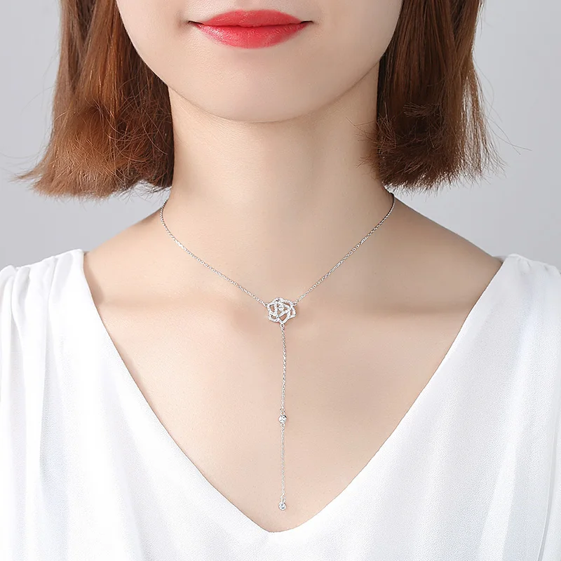 ELESHE 925 пробы длинная Серебряная цепочка Ожерелье Цветок Кристалл CZ кулон ожерелье для женщин модные украшения Рождественский подарок