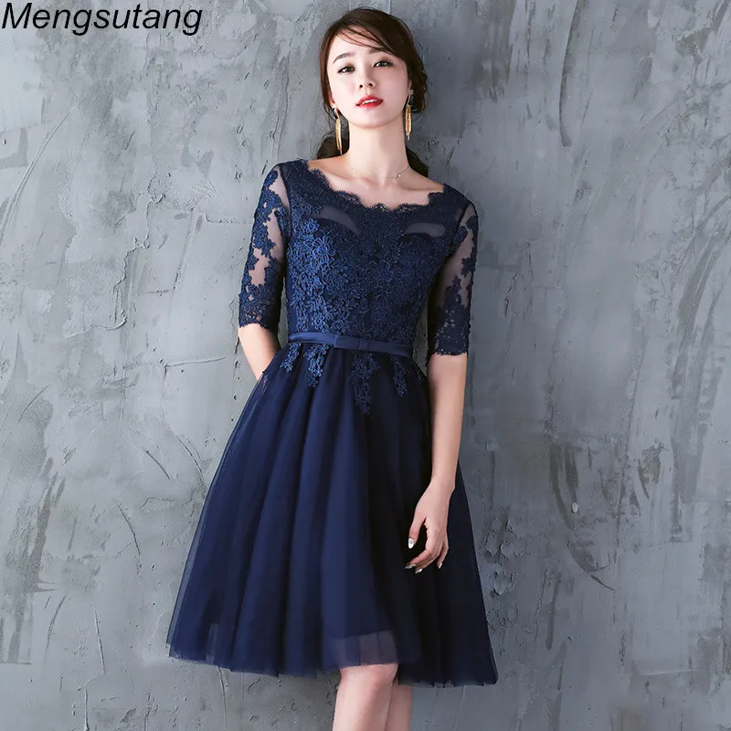 Robe de soiree темно-синее кружево праздничные платья Китайские винтажные элегантные вечерние платья Короткие Vestidos de festa вечерние платья