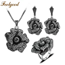 Feelgood Antique Jewellery Vintage Silver Color Big Crystal Flower Pendant Necklace Set Women Jewelry Sets For Party Mother Gift