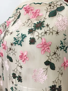 

1 Yard Lovely 3D Flower Lace Fabric by yard in pink green with nude tulle,bridal gown flower gril dress fabric