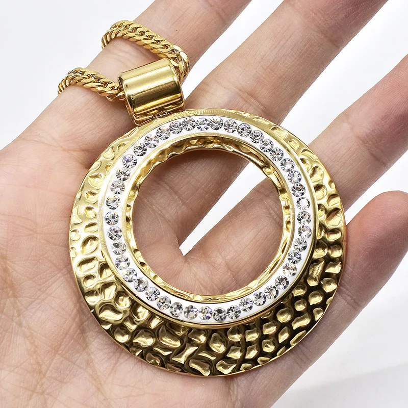 AMUMIU Trendy Jewelry Rhinestone Oval Hollow Round Pendant Gold Color Necklace Earring For Women Wedding Party JS087