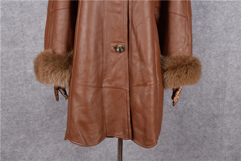 Italy women's genuine lambskin leather overcoat with real fox fur collar wool cashmere lining mommy's warm clothing brown xxxxxl