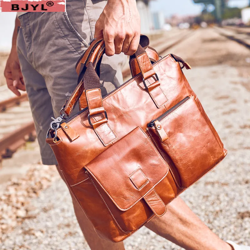 

BJYL 100% Genuine Leather Men handbag cross section business 15" Laptop briefcase Tide fashion men shoulder Messenger Bag