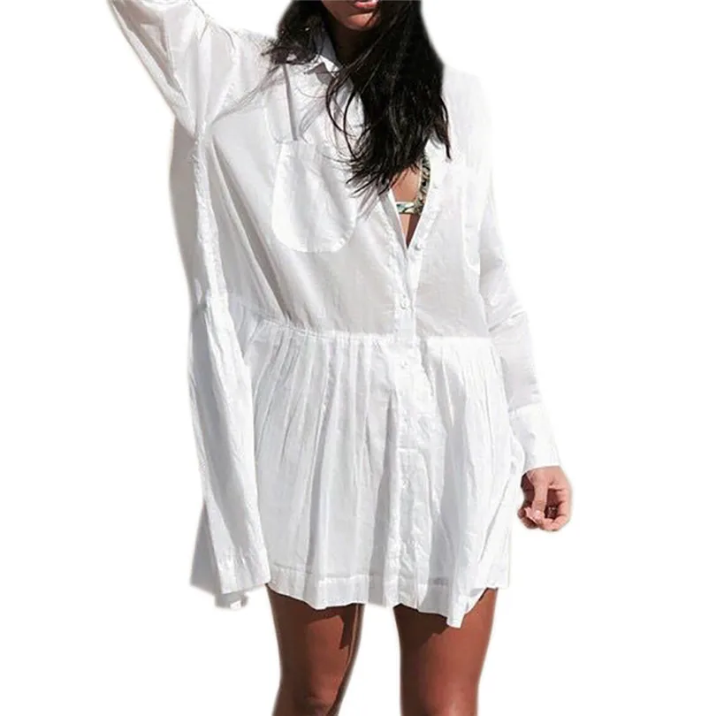 

Solid Mini Dress Women Long Sleeve Beach Dress Turn Down Shirt Dress Pockets White Dress Elegant Vestidos De Festa 40DC24