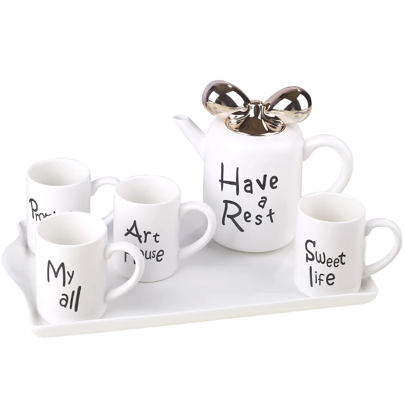 

Berjaya Stocked Ceramic European Cafe and Tea Pot Set Bow Creative Coffee Cup Set Gift