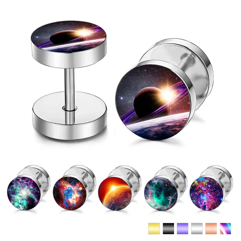 

POHOUR Fashion Black Silver Stainless Steel Galaxy Earrings Women Men's Barbell Dumbbell Punk Gothic Stud Earring For men