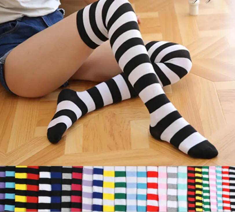 21 Colors Striped Knee High Socks for Big Girls Adult Japanese Style