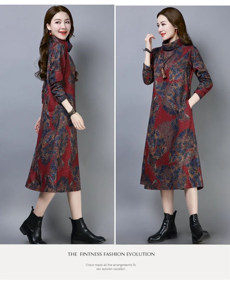 3601 Elegant Plus Size Long Dress 4xl for Women Vintage Turtleneck Thick Wool Floral Print Mon Winter Dresses Women 2018 Ladies 10
