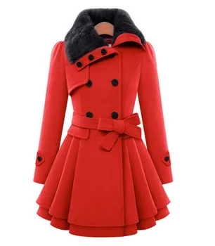 

4XL Large Size European & American Style Slim A-line Long Woolen Coat Double-breasted Thick Belt Outerwear with Fur Collar DY22
