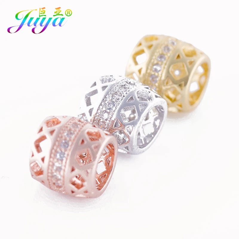 

European Style Charm Beads Micro Pave Crystal Big Hole Hollow Spacer Metal Beads For Women Men Beadwork Beading Jewelry Making