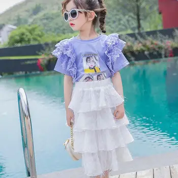 

2020 Summer Clothes For Girls 2pcs Girls Sets Clothing Fashion Teenage Costume Lace Shirts + Skirts Child 6 8 10 12 13 14 Year