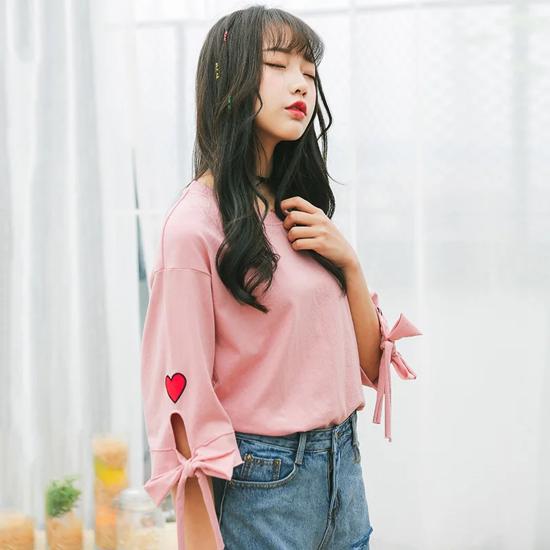 Harajuku рубашка Летняя футболка с коротким рукавом женская одежда корейская Kawaii Базовая футболка с бантом для девочки круглый вырез розовый белый топ футболки