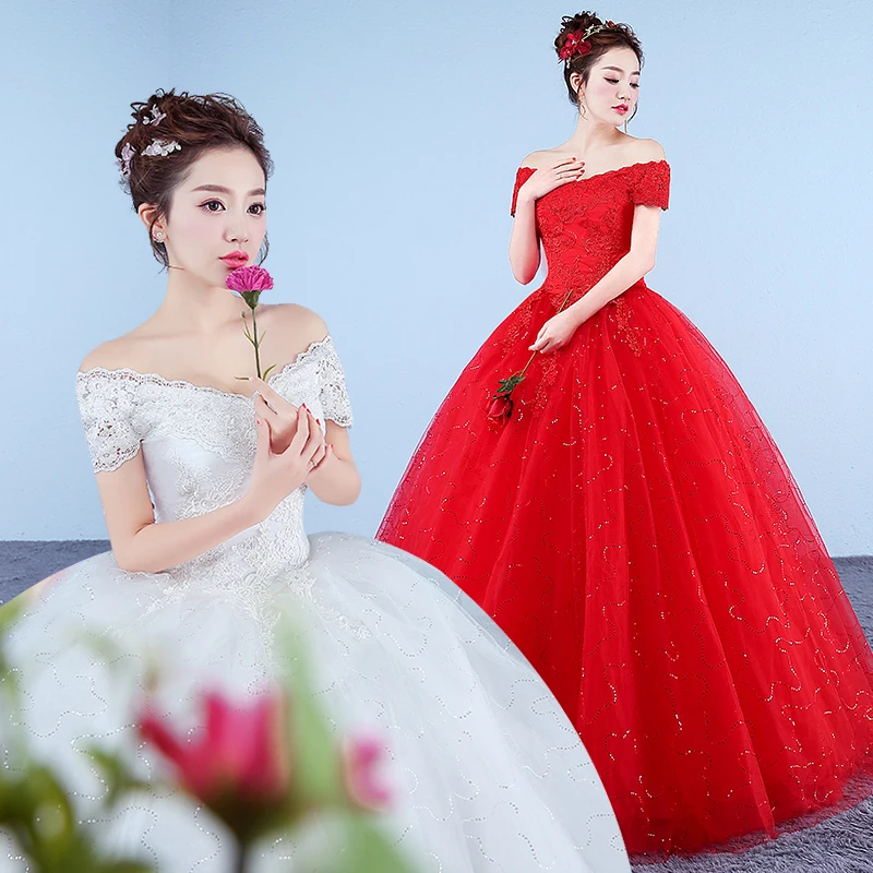 

White or Red Wedding Dress Lace Up Embroidery Wedding Dresses Bride Dress Ball Gowns