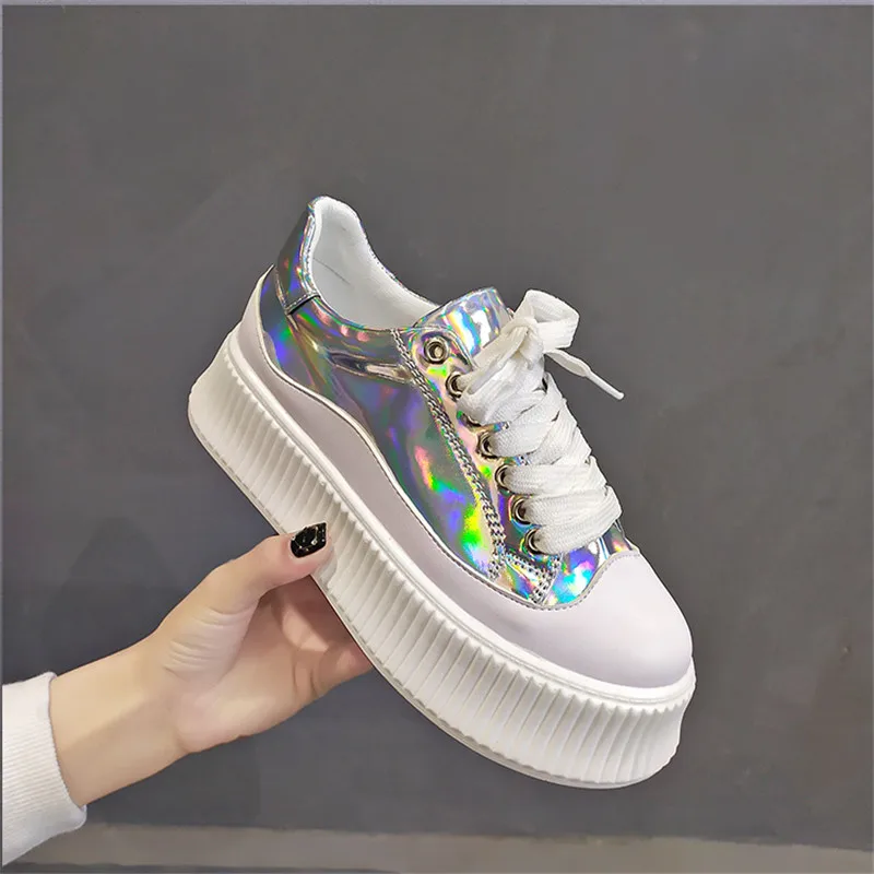 

MVP BOY 2019 NEW women Glossy shoes muffin heavy-bottomed Creepers Platform Shoes Women Flats Lace Up Creepers women casual Shoe