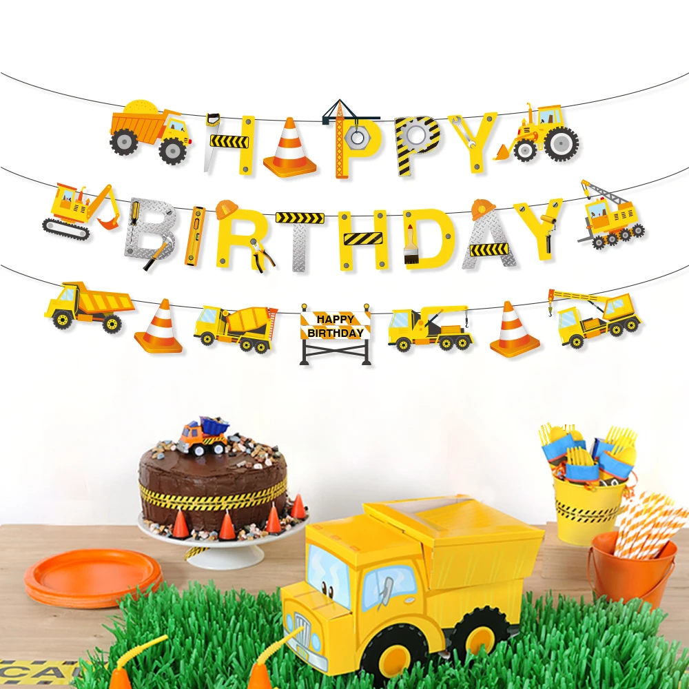 Cartoon Car Excavator Party Banners Construction Theme Happy Birthday Party Decoration Kid's Birthday Party Favor Supplies