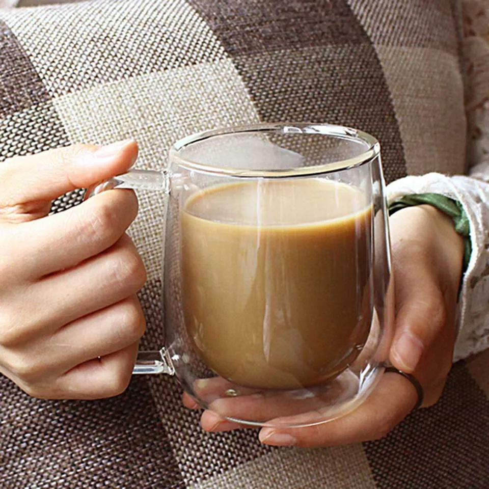 Transhome креативная стеклянная кофейная кружка 250 мл двойная настенная стеклянная чашка чайная кружка стеклянная молочная чашка с рукояткой ручной работы портативная посуда для напитков