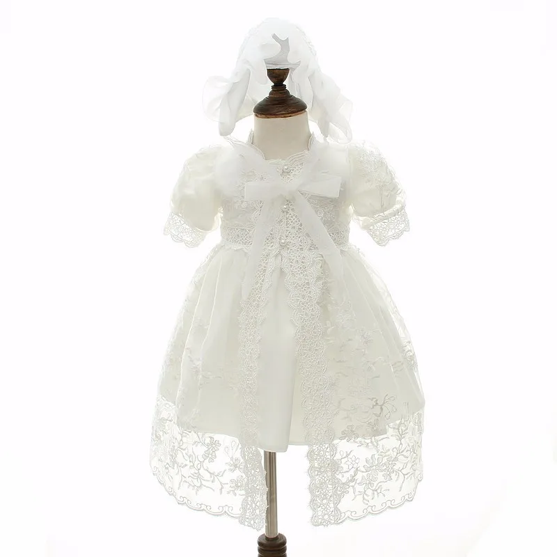 

Baby Girl Baptism Christening Gown With Shawl and Hat for Toddler Girls Infant 1 Year Birthday Party Dress Real Picture