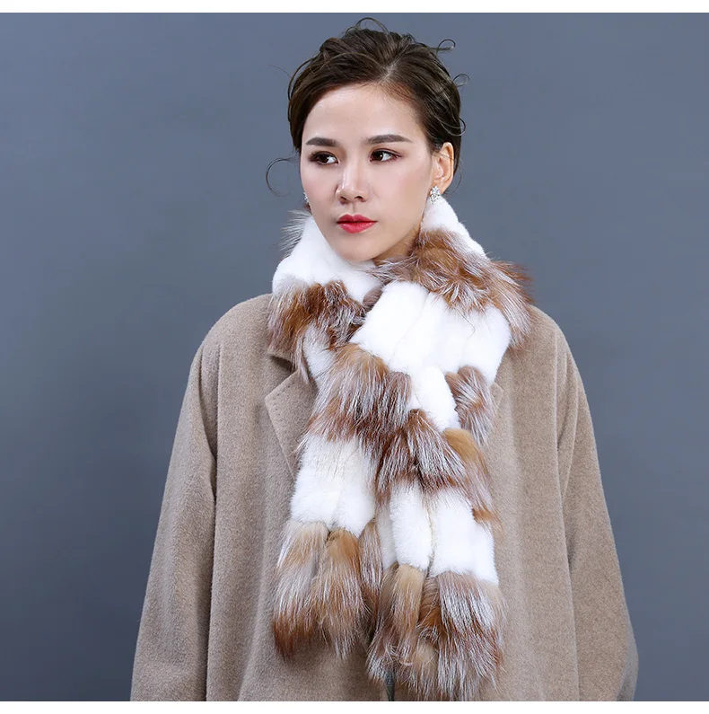 Factory Direct New Real Fur Scarves For Women Handmade Natural Rex Rabbit Fur Scarf With Sliver Fox Fur Wraps (5)