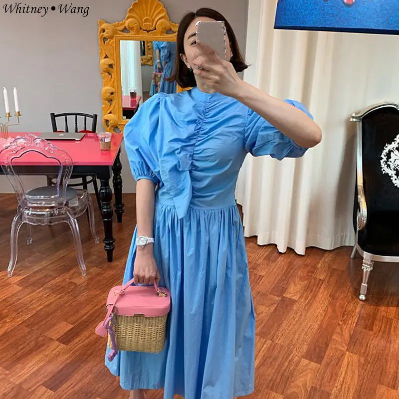 Уитни Ван Летняя мода уличная Винтаж Стиль с пышными рукавами Ruched оборками платье для женщин Летнее
