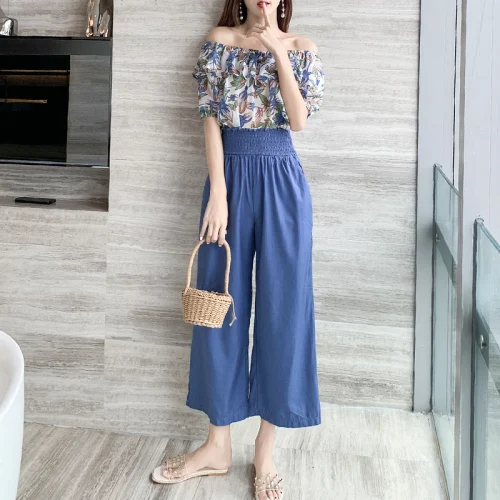 

2019 Korean Slash Neck Sexy Off Shoulder Shirts Women Wide Leg Pants High Waist Printing Two Piece Set Floral 2 Piece Outfits