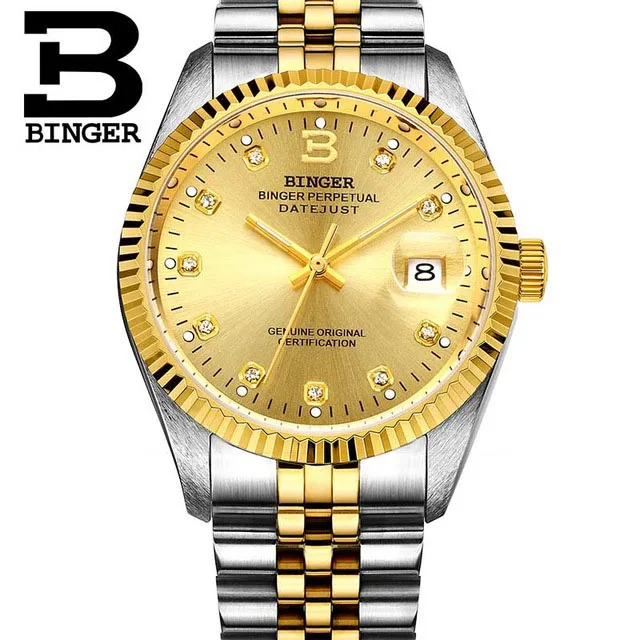 Швейцарские роскошные водонепроницаемые автоматические мужские и женские механические часы с автоматической датой, полностью стальные бизнес-часы от ведущего бренда для мужчин и женщин - Цвет: Mens Gold