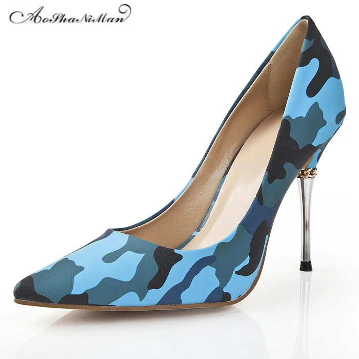 

Spring Newest Camouflage color heels 2019 Fashion Pointed Toe Women Pumps Brand designer Genuine leather Dress shoes 34-42