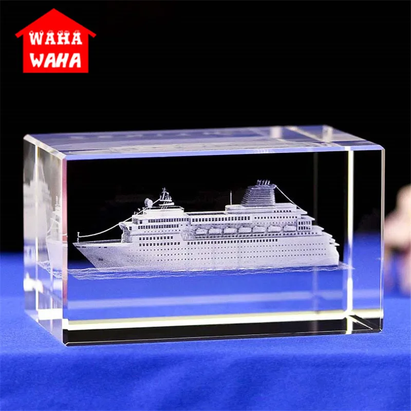 3D Carved Boat Model Crystal 3D Laser Engraved Rectangles K9 Crystal Luxury Cruise Ship Model Sculpture White Souvenir Crafts