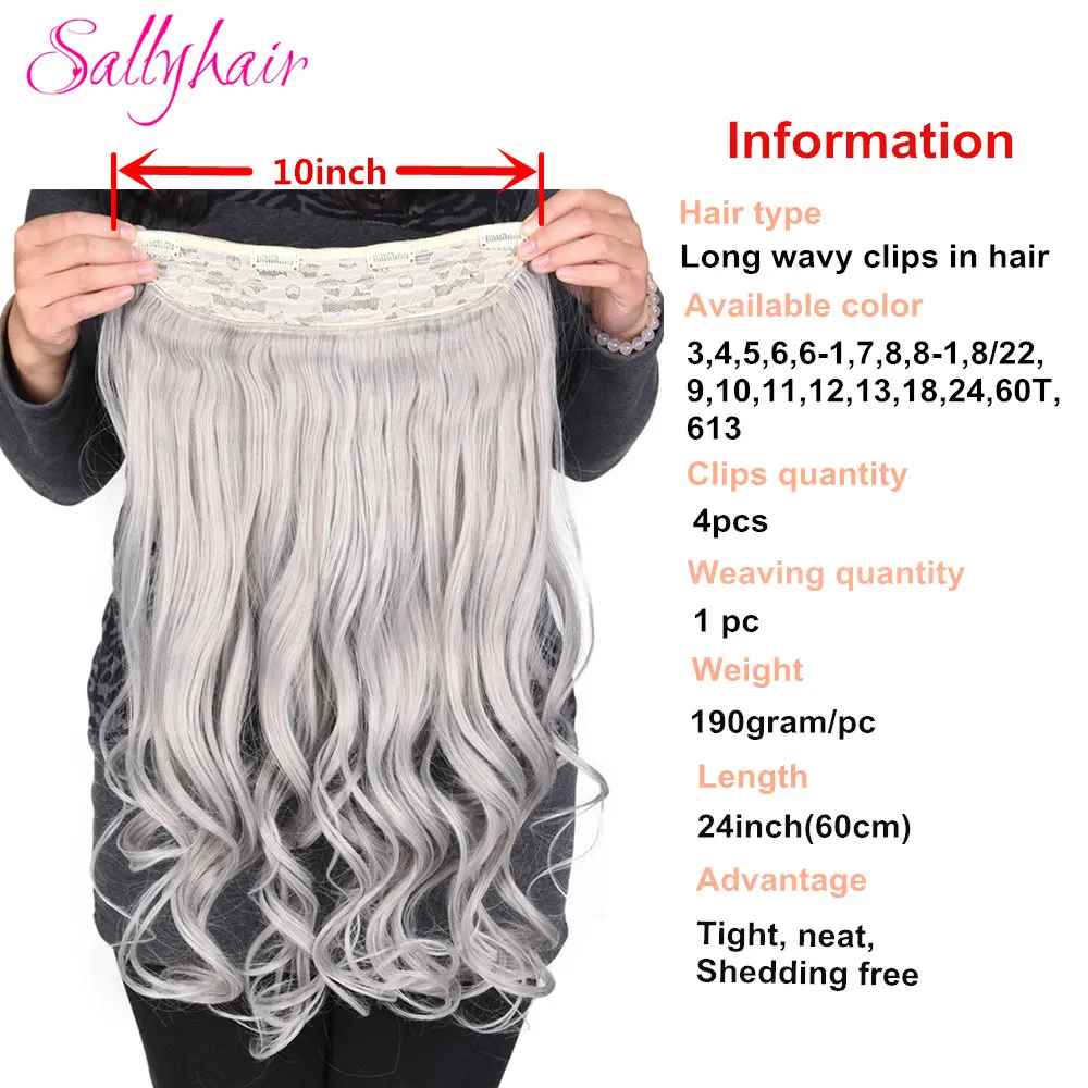 Sallyhair 190g 24inch Clip in One Hairpiece Synthetic Hair Extensions 4 Clips in Long Wavy Hair Piece 18 colors Available Grey