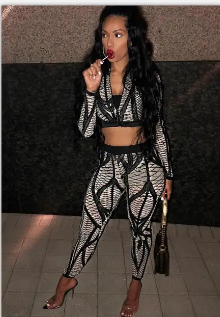 

Celebrity High Quality Black Long Sleeve 2 Pieces Set Bodycon Rayon Bandage Set Night Club Party Set