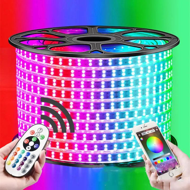 Corda plus ir Controle do Bluetooth 13 96 30 m Duplo Row Rgb Tira Conduzida 60leds e m 5050 220 v Cor Mudar Luz Fita Ip67 à Prova d' Água Levou Luz 2 Tiras de LED