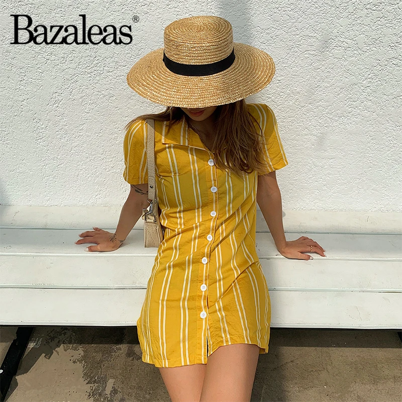 

Bazaleas Vintage Chic Center Buttons women mini dresses Slim cotton vestido Yellow Stripe Blouse women dress drop shipping