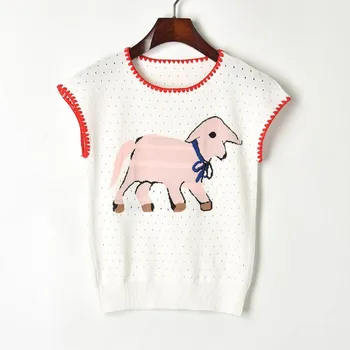 

Thin Knit Tank Top 2019 Summer Cartoon Jacquard O-neck Hollow Out Sleeveless T-shirt Ladies Knitted Tank Top Tee Knitwear Vest