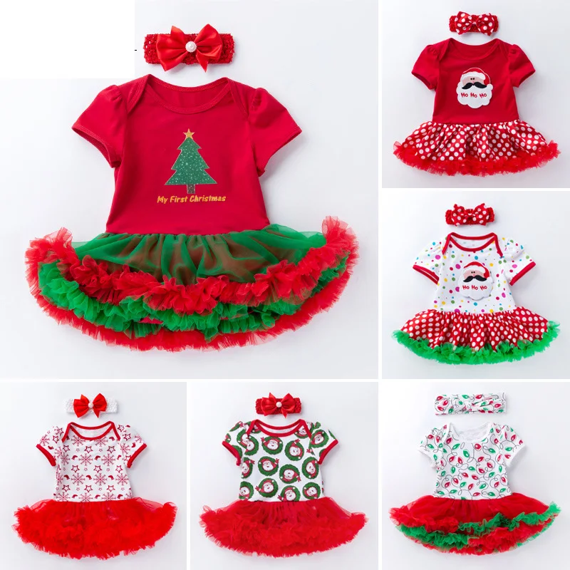 Baby Christmas Clothes 2PCSset Infant Jumpsuit Short Sleeve Baby Clothing Lace Party Christmas Baby Clothes Costume Outfits