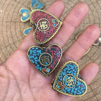 

5pcs Vintage Retro Prayer Tibetan Spacer Beads Handmade Heart Shape Nepal Antiqued Mantra OM Charms Bead For Jewelry Making